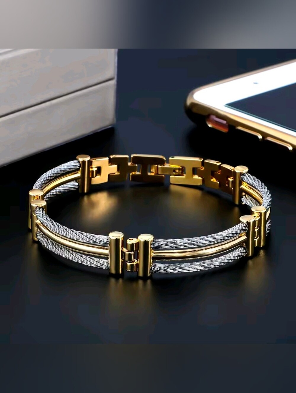 Men's Two-Tone Gold & Silver Cable Bracelet - Designer Style